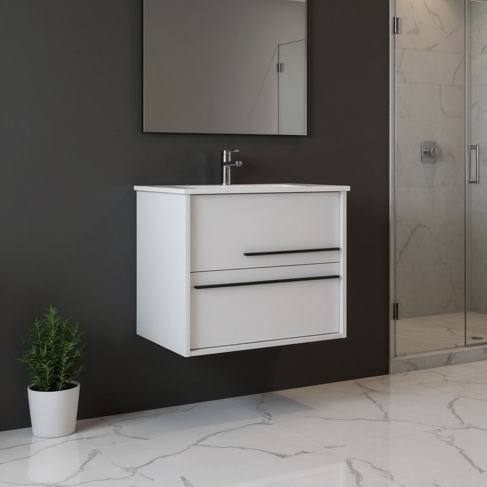 24" Off White Wood Floating Bathroom Vanity With White Sink And Two Drawers