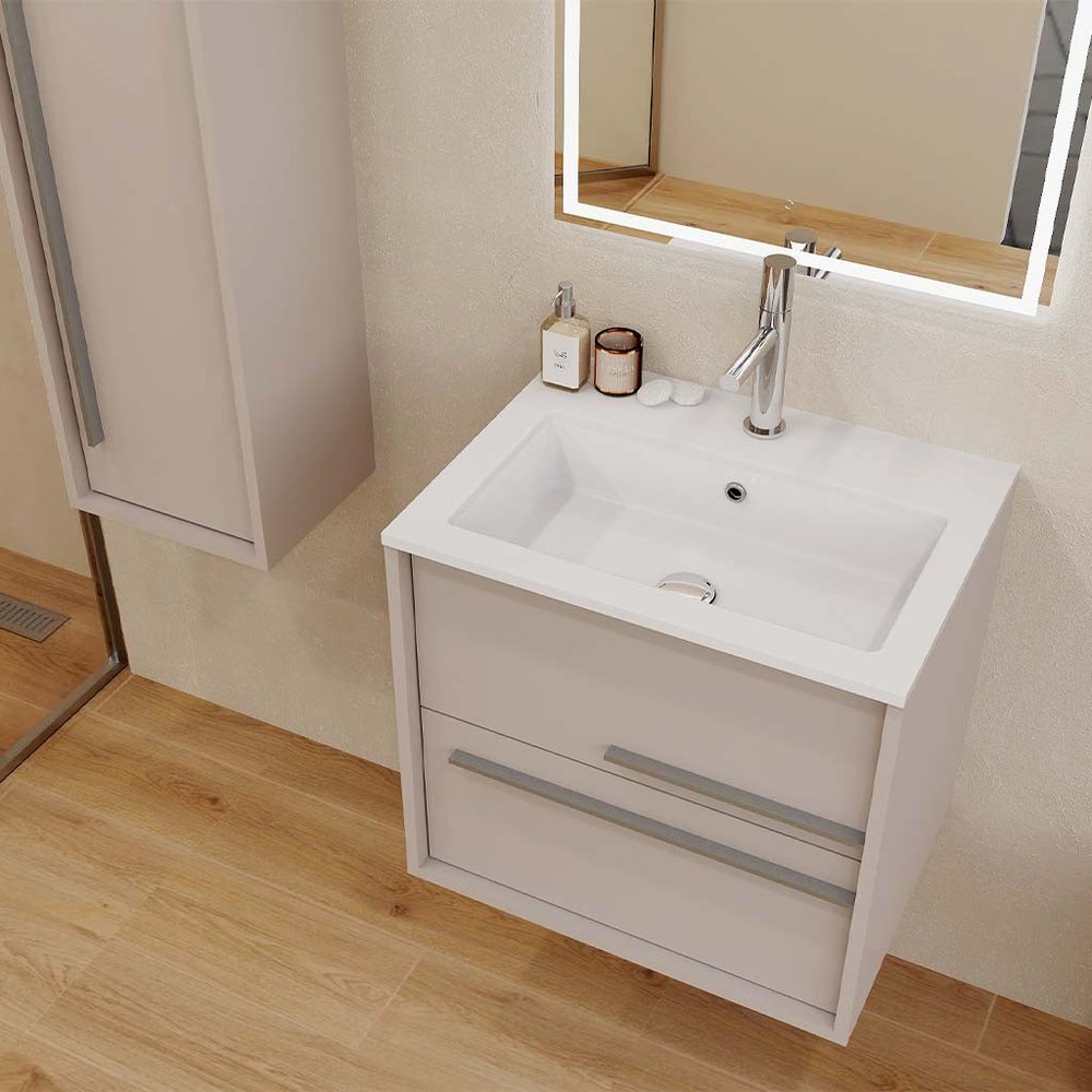 24" Tan Wood Floating Bathroom Vanity With White Sink And Two Drawers