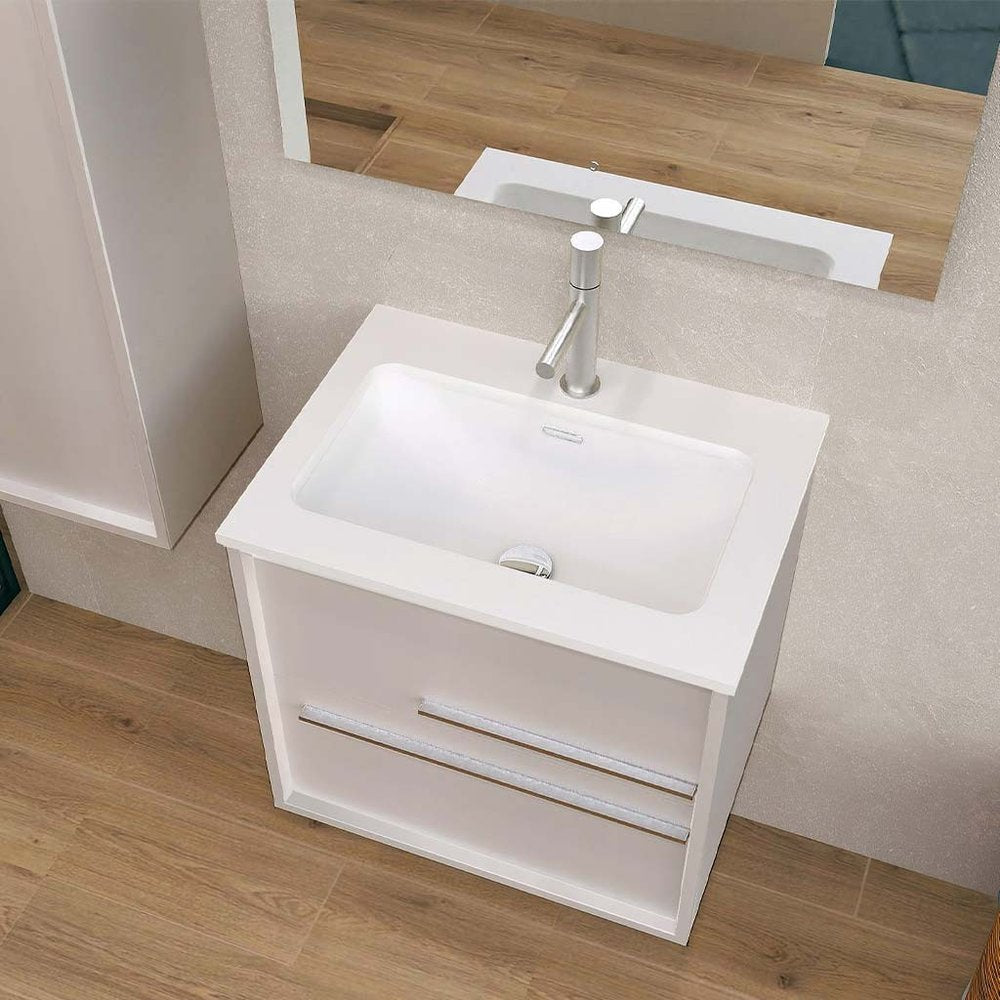 24" Tan Wood Floating Bathroom Vanity With White Sink And Two Drawers