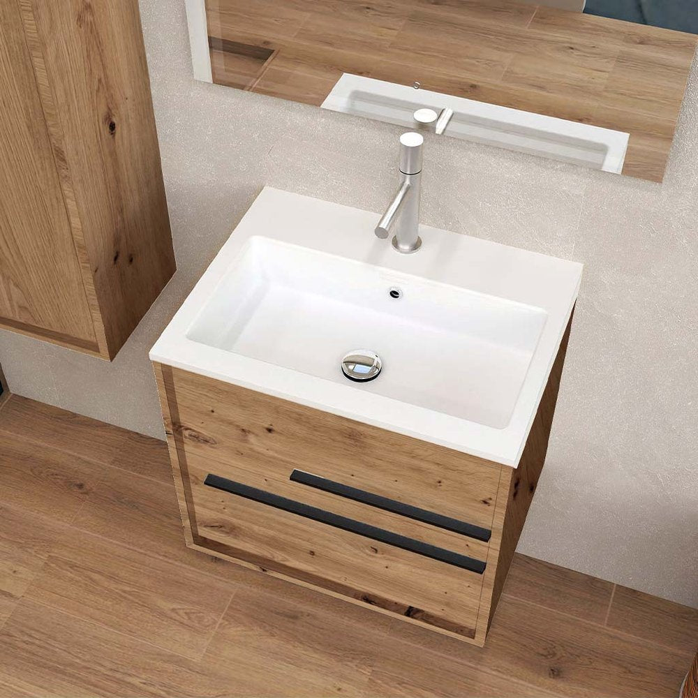 24" Natural Wood Floating Bathroom Vanity With White Sink And Two Drawers