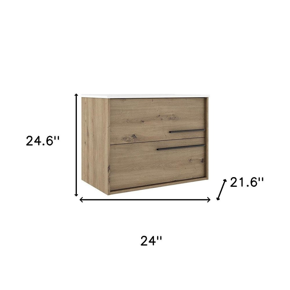 24" Natural Wood Floating Bathroom Vanity With White Sink And Two Drawers