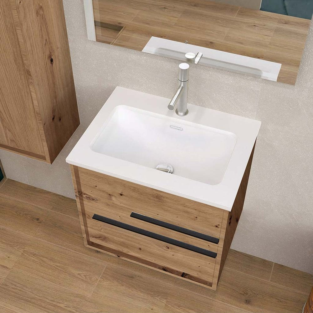 24" Natural Wood Floating Bathroom Vanity With White Sink And Two Drawers