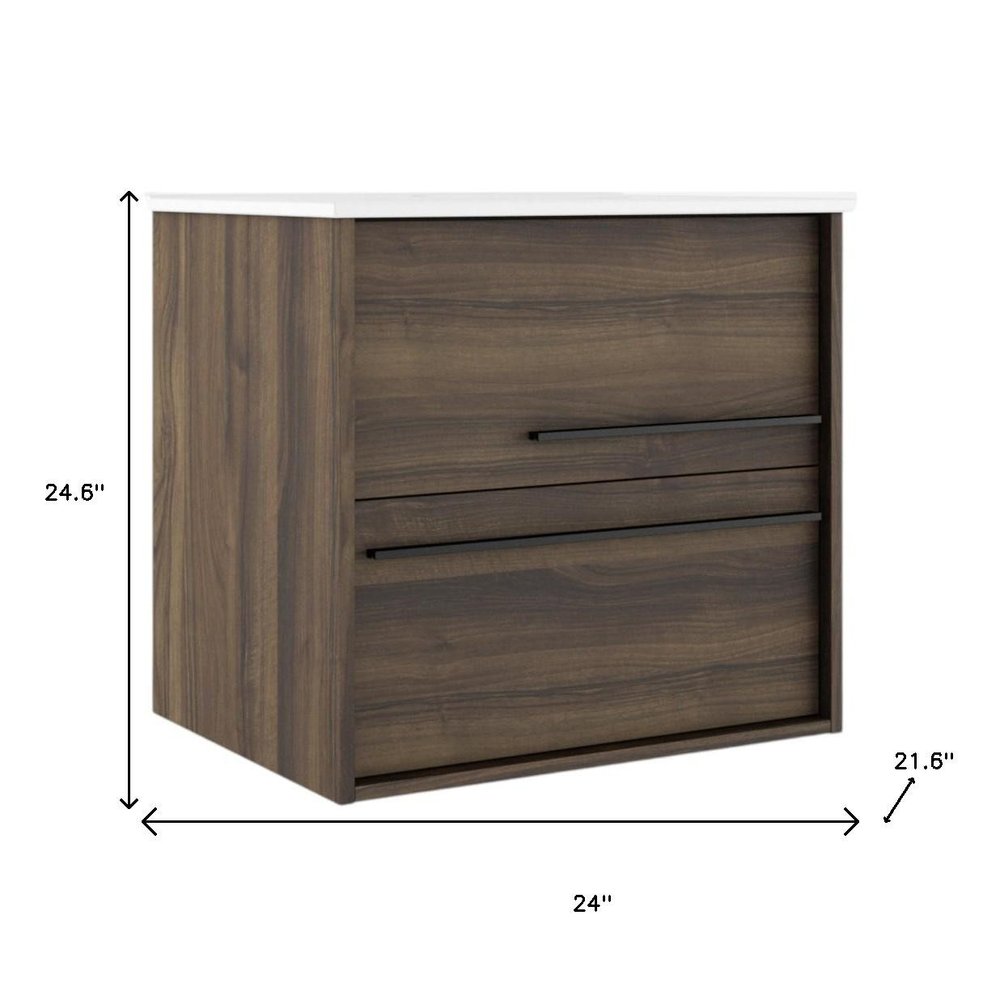24" Dark Brown Wood Floating Bathroom Vanity With White Sink And Two Drawers