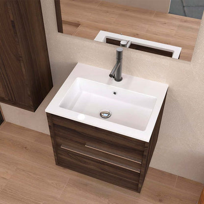 24" Dark Brown Wood Floating Bathroom Vanity With White Sink And Two Drawers