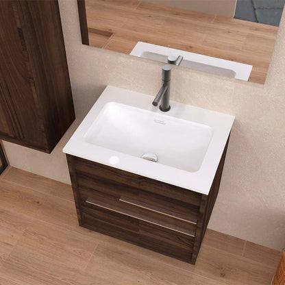 24" Dark Brown Wood Floating Bathroom Vanity With White Sink And Two Drawers