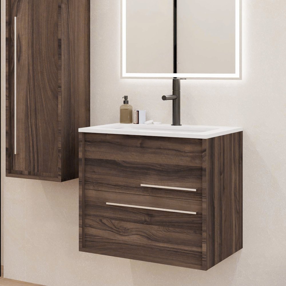 24" Dark Brown Wood Floating Bathroom Vanity With White Sink And Two Drawers