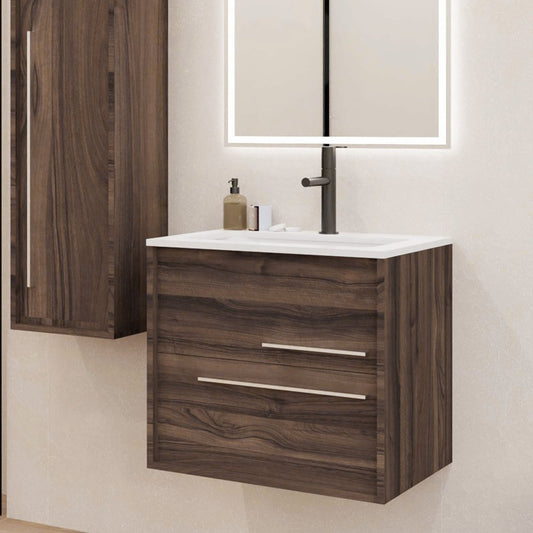 24" Dark Brown Wood Floating Bathroom Vanity With White Sink And Two Drawers
