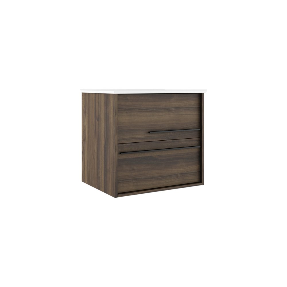 24" Dark Brown Wood Floating Bathroom Vanity With White Sink And Two Drawers