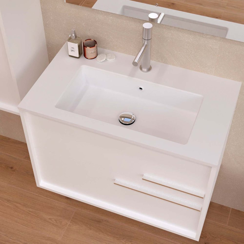 32" Off White Wood Floating Bathroom Vanity With White Sink And Two Drawers