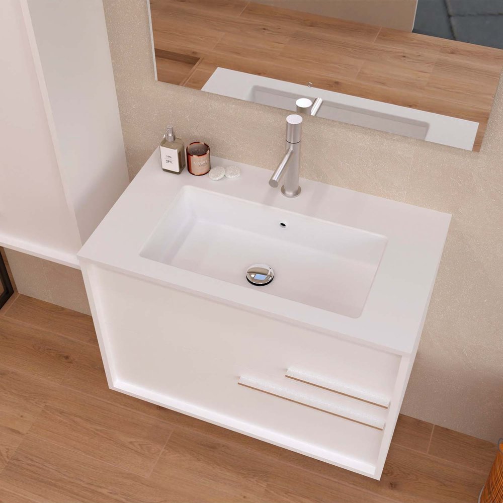 32" Off White Wood Floating Bathroom Vanity With White Sink And Two Drawers