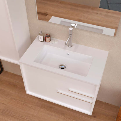 32" Off White Wood Floating Bathroom Vanity With White Sink And Two Drawers