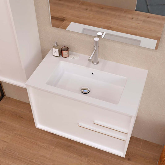 32" Off White Wood Floating Bathroom Vanity With White Sink And Two Drawers