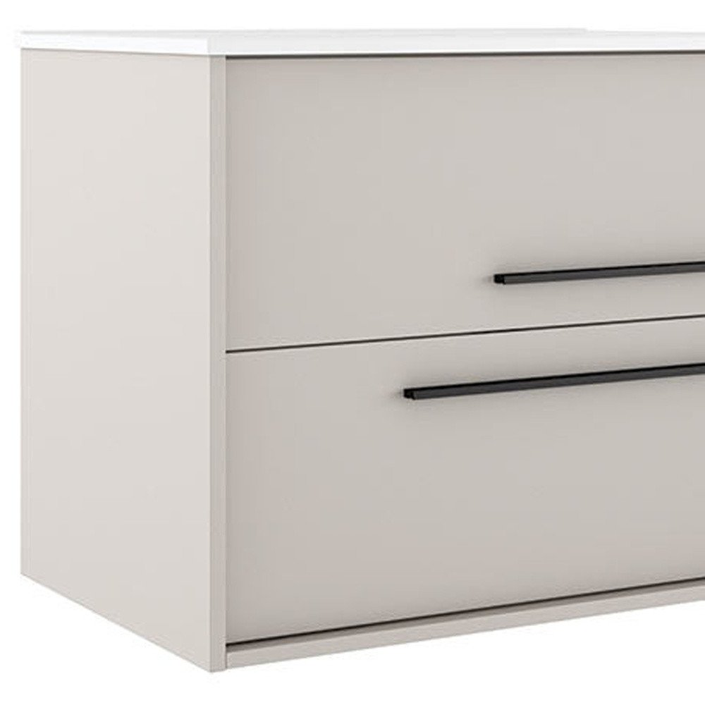 32" Tan Wood Floating Bathroom Vanity With White Sink And Two Drawers