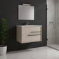 32" Tan Wood Floating Bathroom Vanity With White Sink And Two Drawers