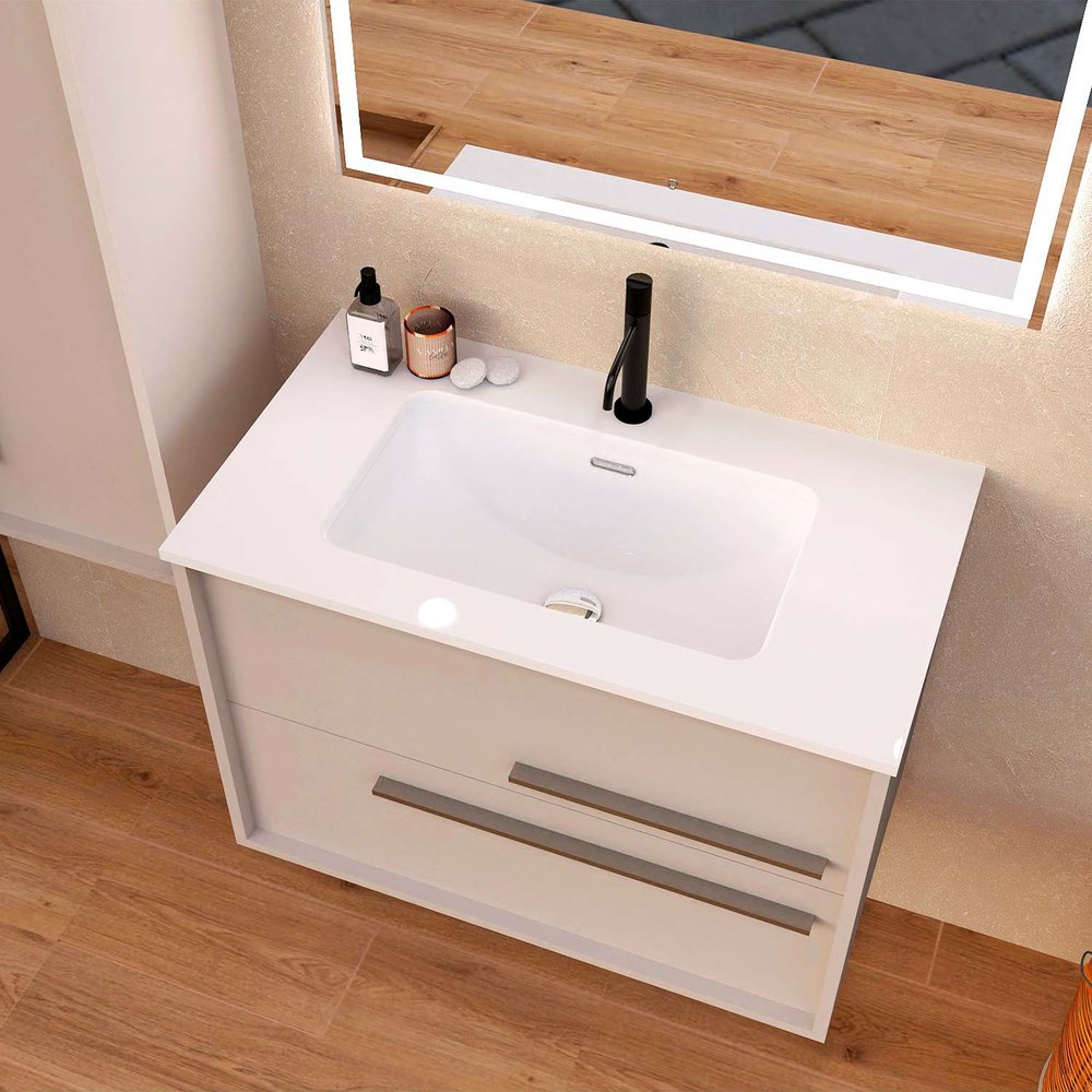 32" Tan Wood Floating Bathroom Vanity With White Sink And Two Drawers