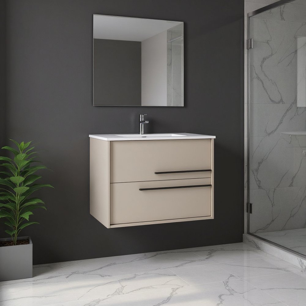 32" Tan Wood Floating Bathroom Vanity With White Sink And Two Drawers