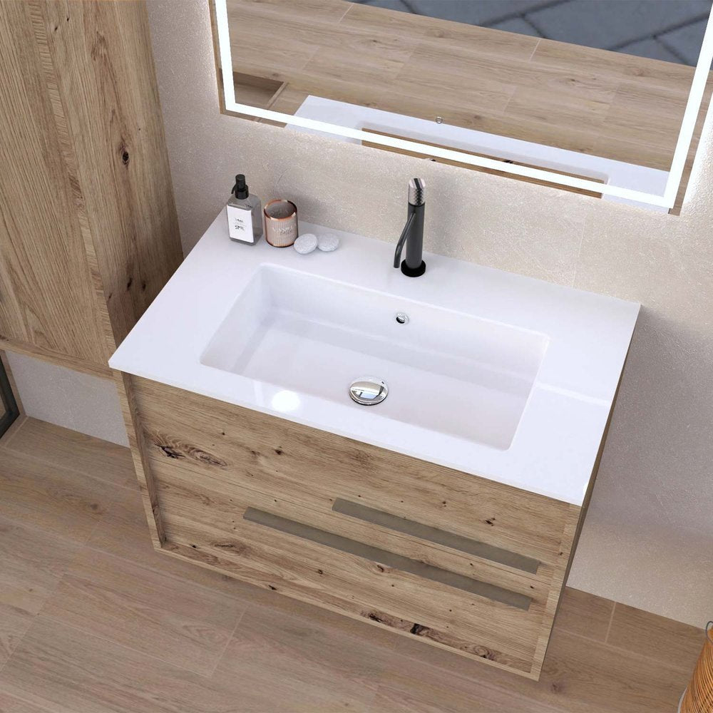 32" Natural Wood Floating Bathroom Vanity With White Sink And Two Drawers