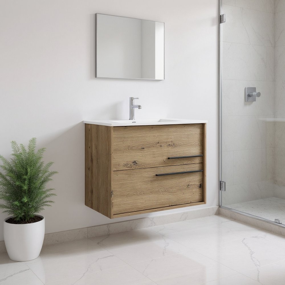 32" Natural Wood Floating Bathroom Vanity With White Sink And Two Drawers