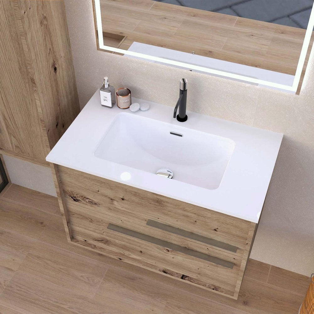 32" Natural Wood Floating Bathroom Vanity With White Sink And Two Drawers