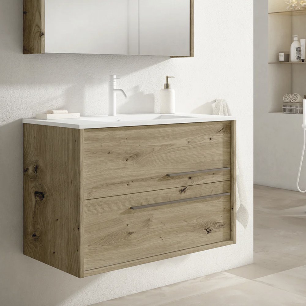 32" Natural Wood Floating Bathroom Vanity With White Sink And Two Drawers