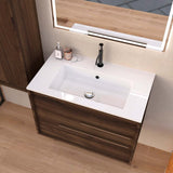 32" Dark Brown Wood Floating Bathroom Vanity With White Sink And Two Drawers