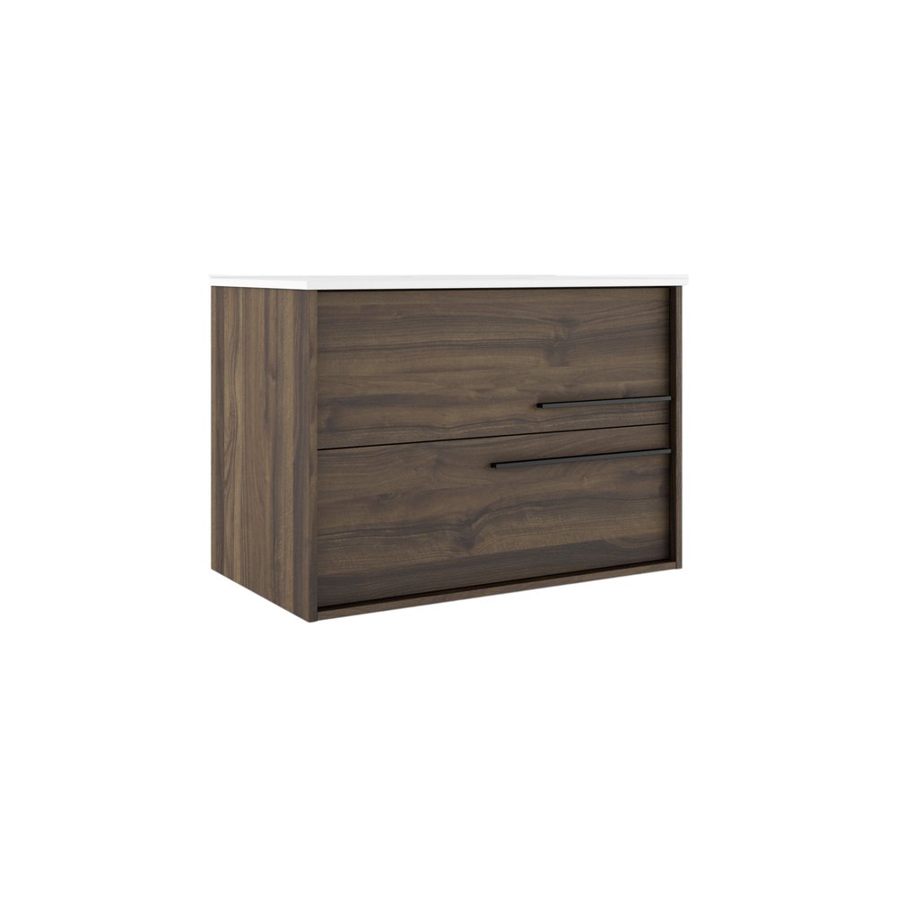 32" Dark Brown Wood Floating Bathroom Vanity With White Sink And Two Drawers