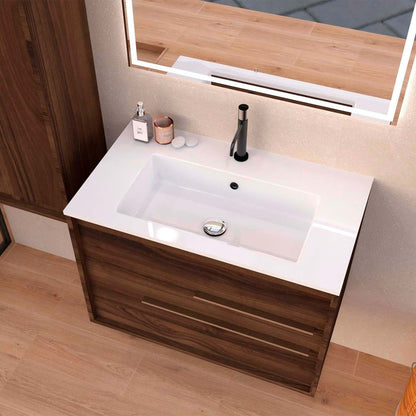 32" Dark Brown Wood Floating Bathroom Vanity With White Sink And Two Drawers