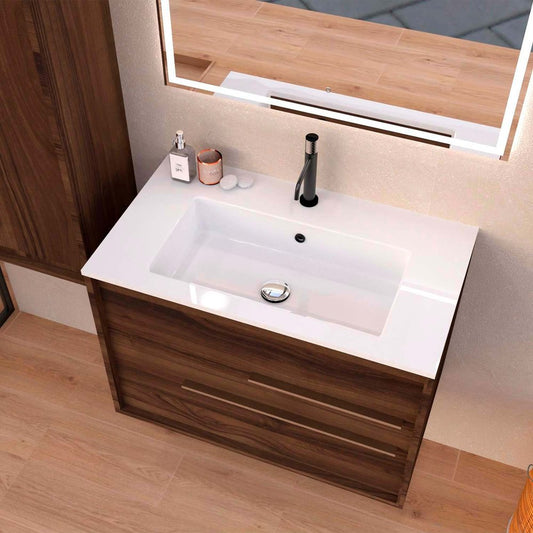 32" Dark Brown Wood Floating Bathroom Vanity With White Sink And Two Drawers