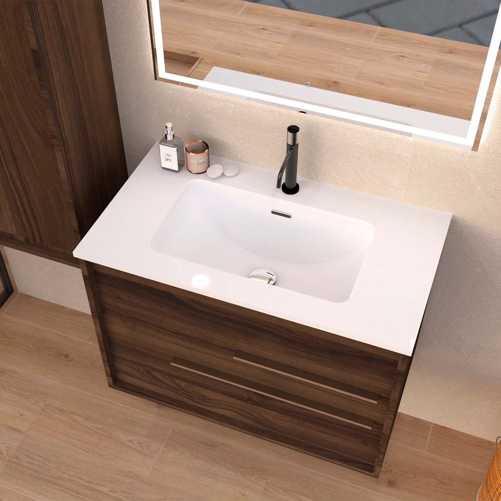 32" Dark Brown Wood Floating Bathroom Vanity With White Sink And Two Drawers