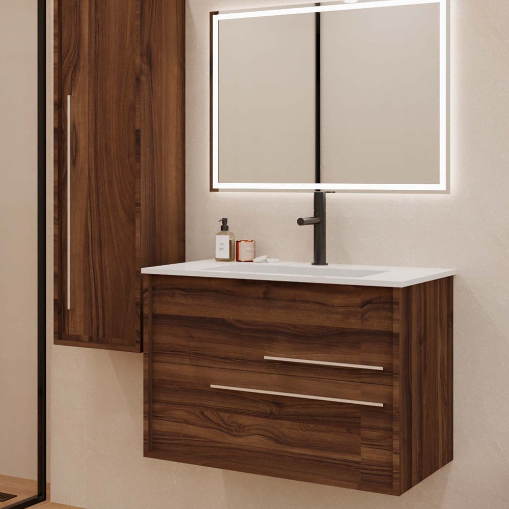 32" Dark Brown Wood Floating Bathroom Vanity With White Sink And Two Drawers