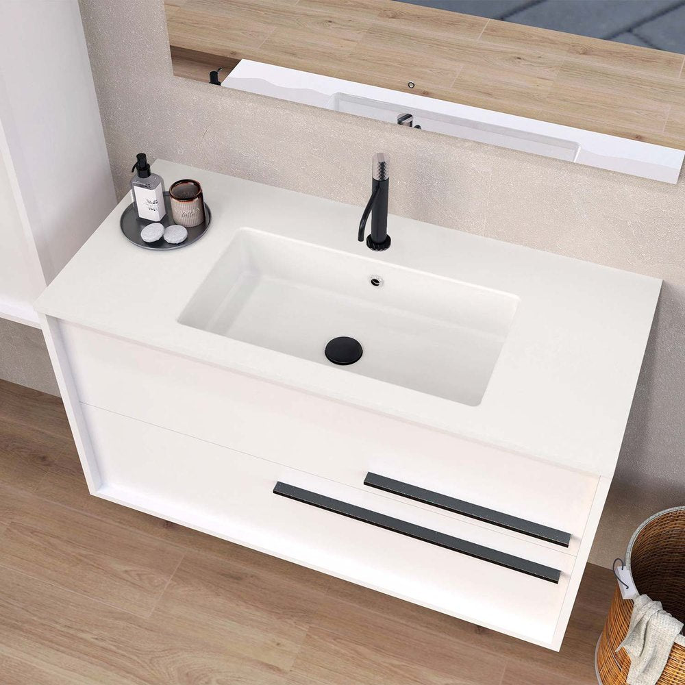 40" Off White Wood Floating Bathroom Vanity With White Sink And Two Drawers