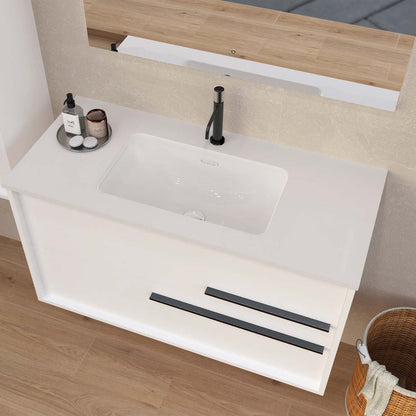40" Off White Wood Floating Bathroom Vanity With White Sink And Two Drawers
