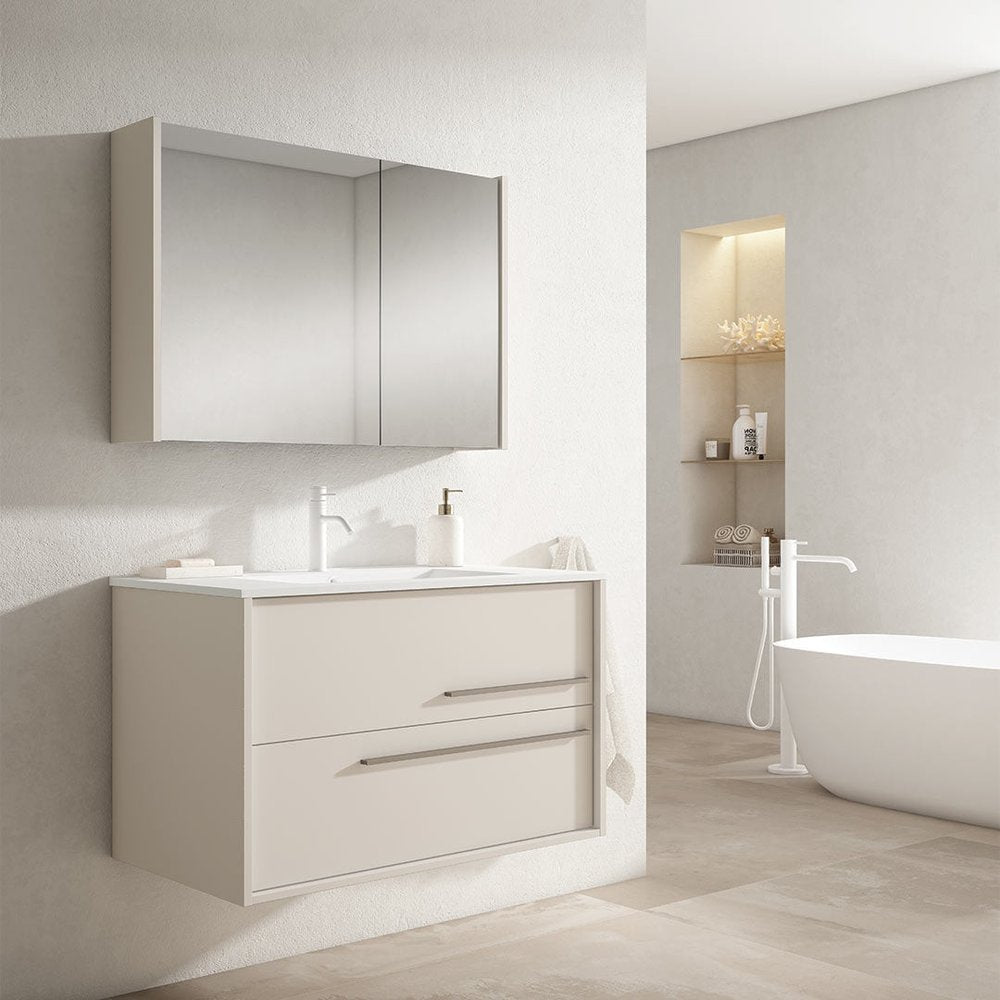 40" Tan Wood Floating Bathroom Vanity With White Sink And Two Drawers