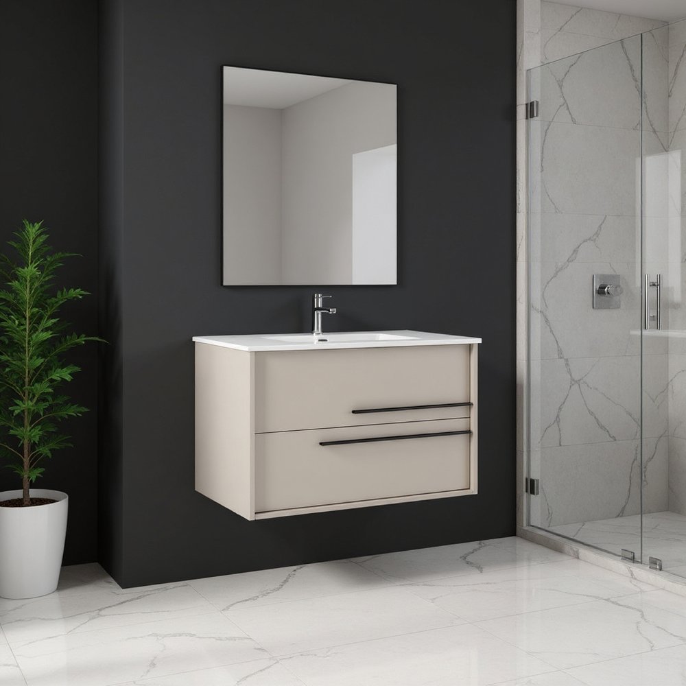 40" Tan Wood Floating Bathroom Vanity With White Sink And Two Drawers