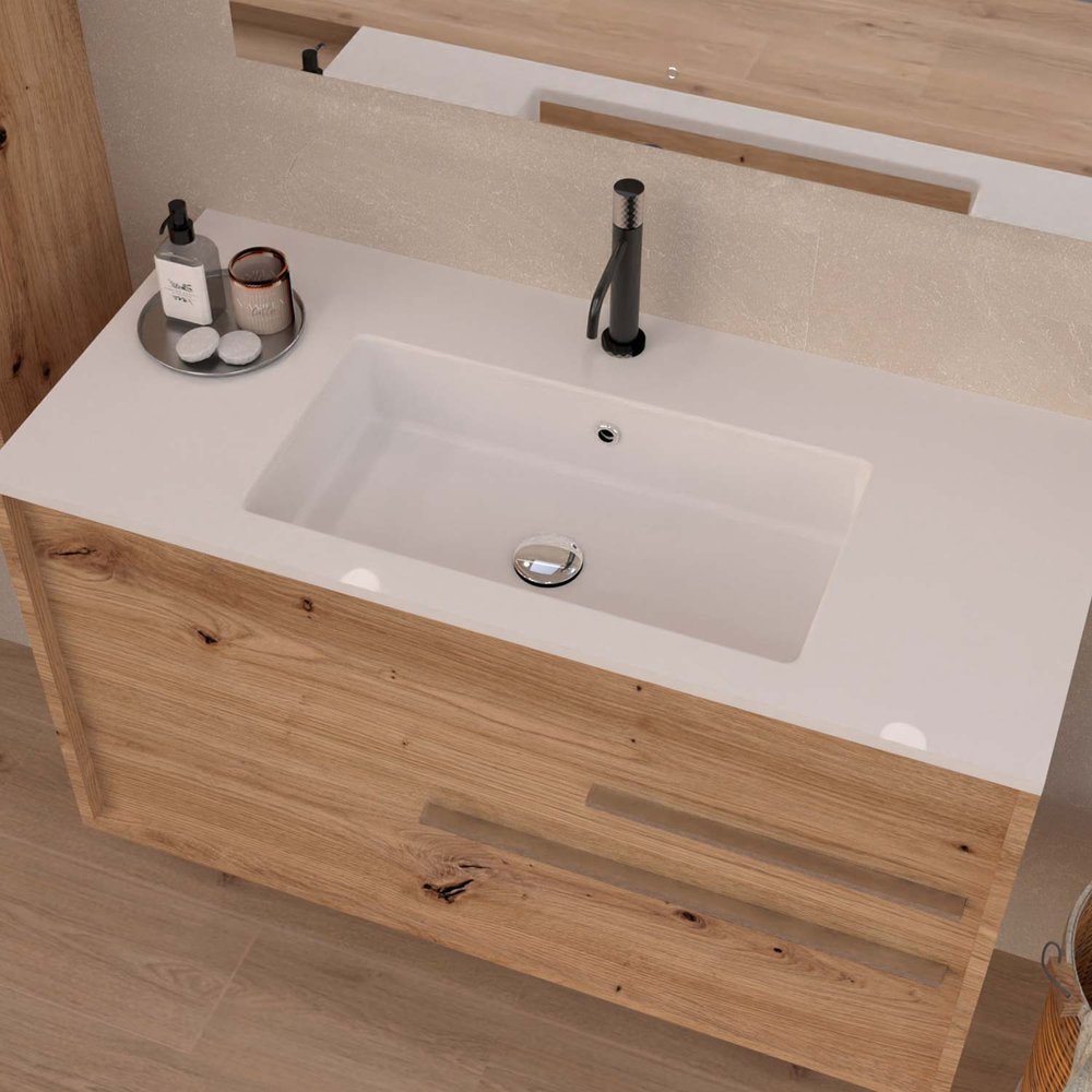 40" Natural Wood Floating Bathroom Vanity With White Sink And Two Drawers