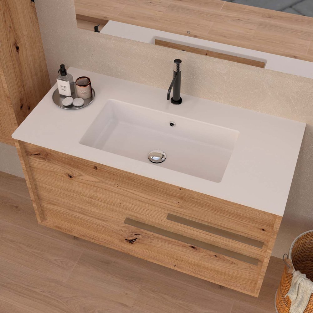40" Natural Wood Floating Bathroom Vanity With White Sink And Two Drawers