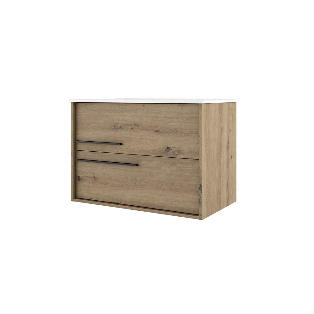 40" Natural Wood Floating Bathroom Vanity With White Sink And Two Drawers