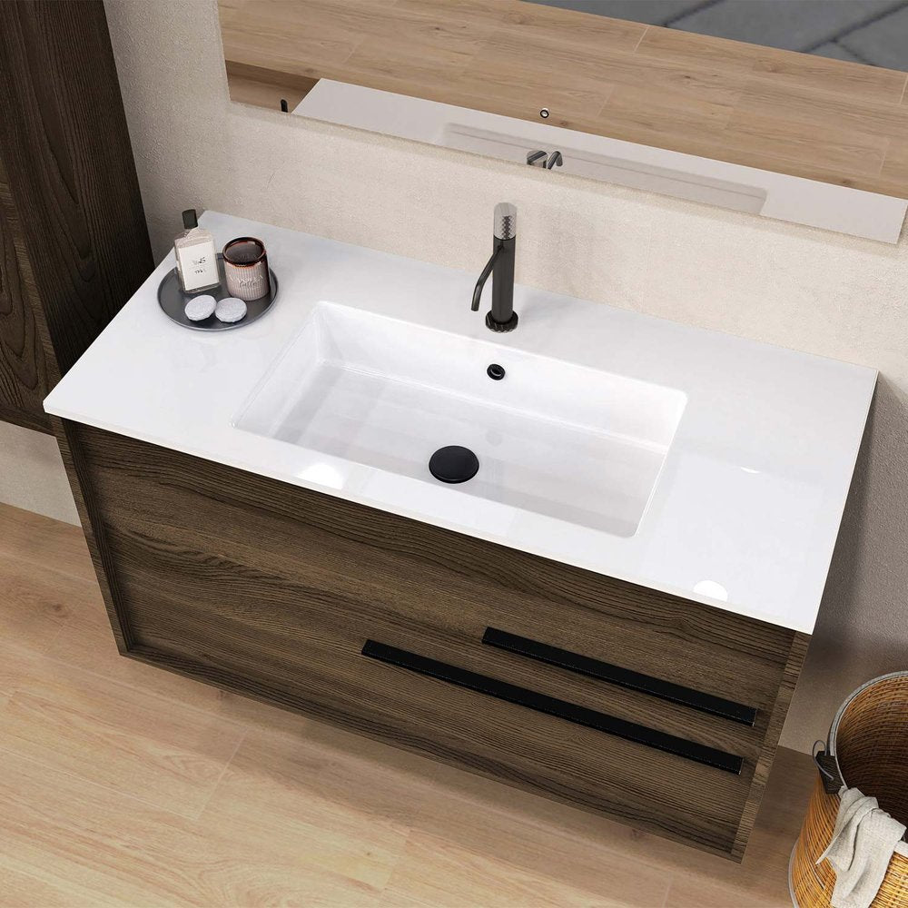 40" Dark Brown Wood Floating Bathroom Vanity With White Sink And Two Drawers