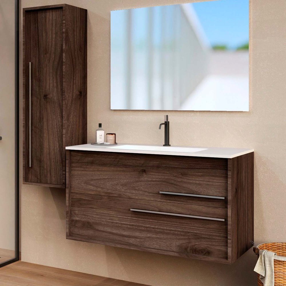 40" Dark Brown Wood Floating Bathroom Vanity With White Sink And Two Drawers