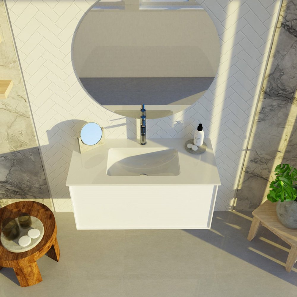 24" White Wood Floating Bathroom Vanity With White Sink And Two Drawers