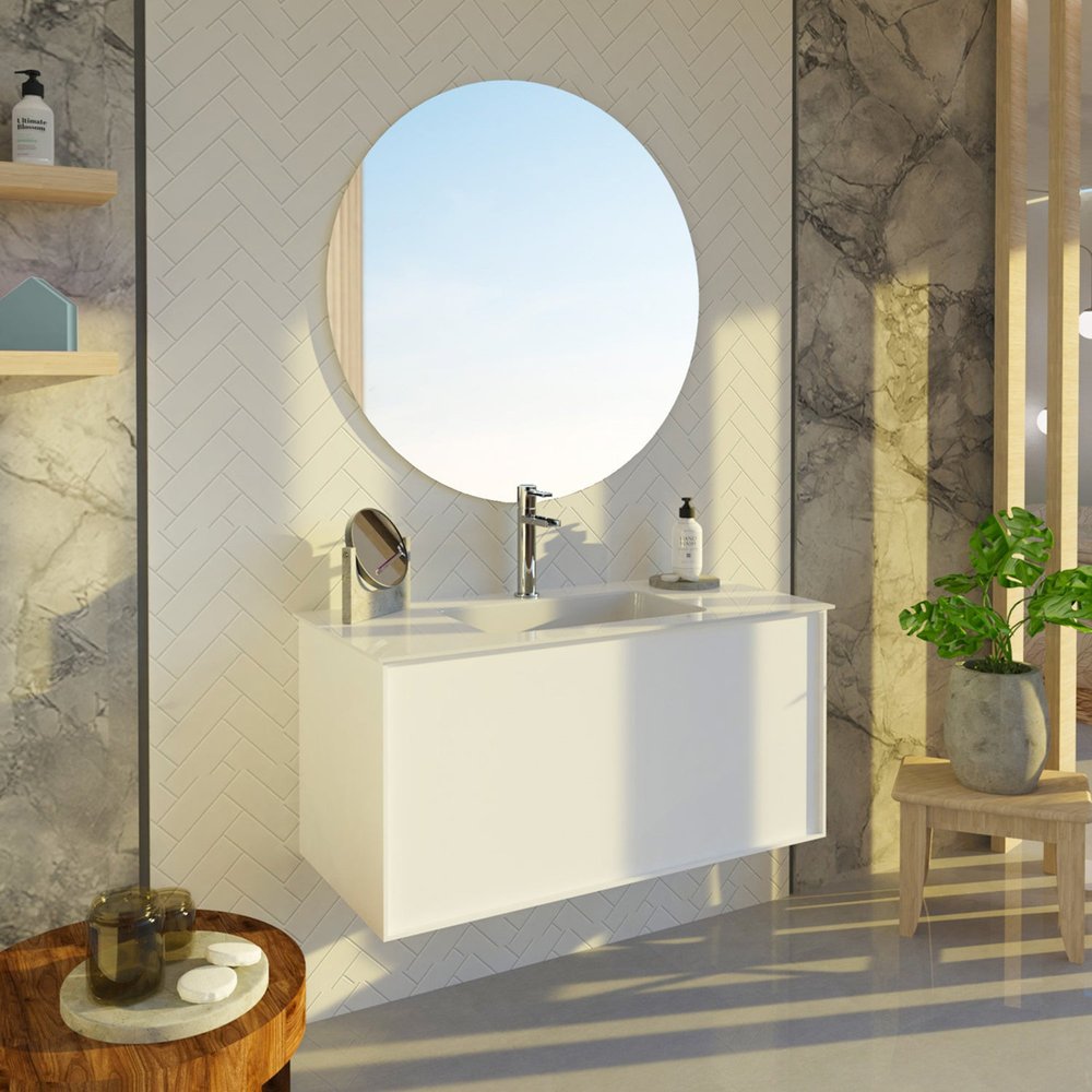 40" White Wood Floating Bathroom Vanity With White Sink And Two Drawers