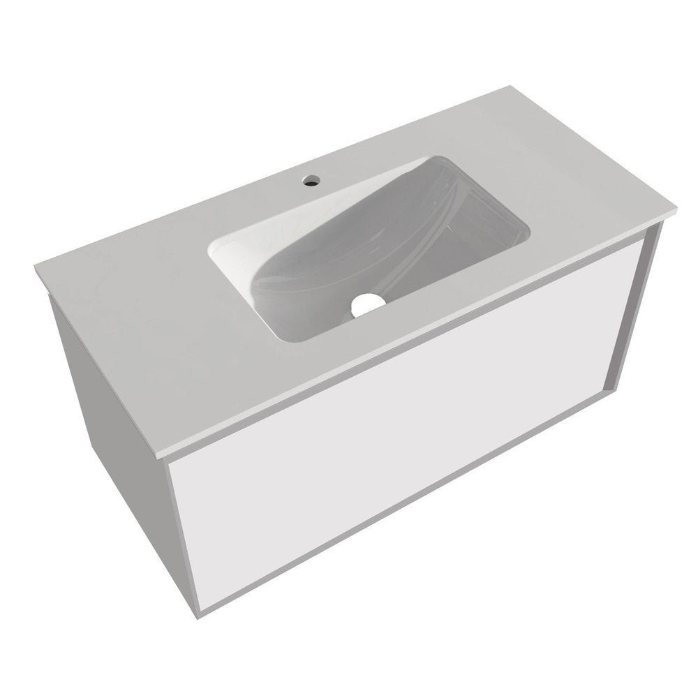 40" White Wood Floating Bathroom Vanity With White Sink And Two Drawers