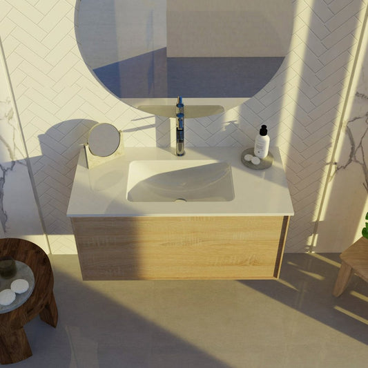 40" Oak Wood Floating Bathroom Vanity With White Sink And Two Drawers