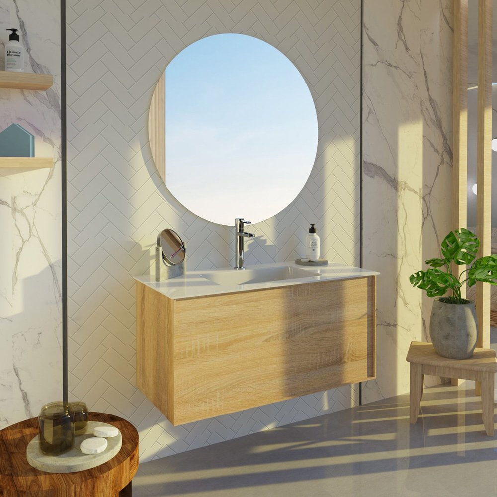 40" Oak Wood Floating Bathroom Vanity With White Sink And Two Drawers