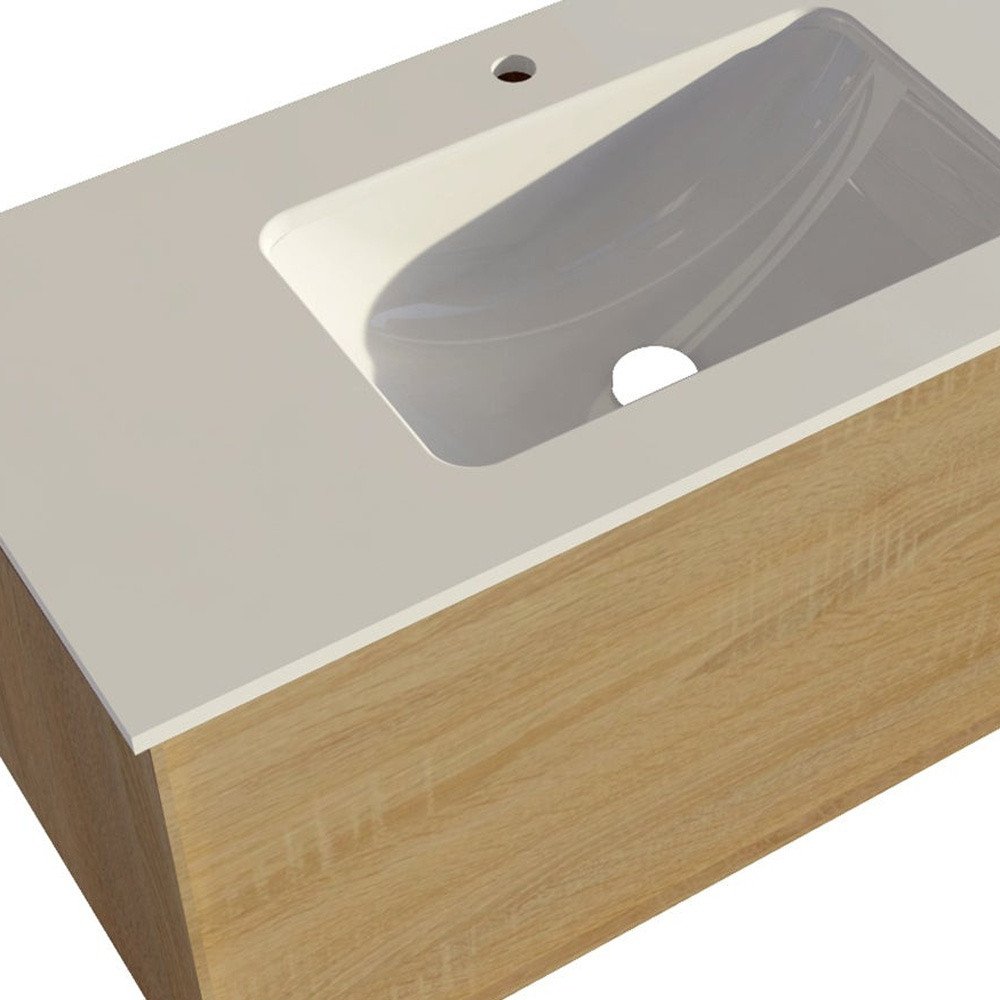 40" Oak Wood Floating Bathroom Vanity With White Sink And Two Drawers