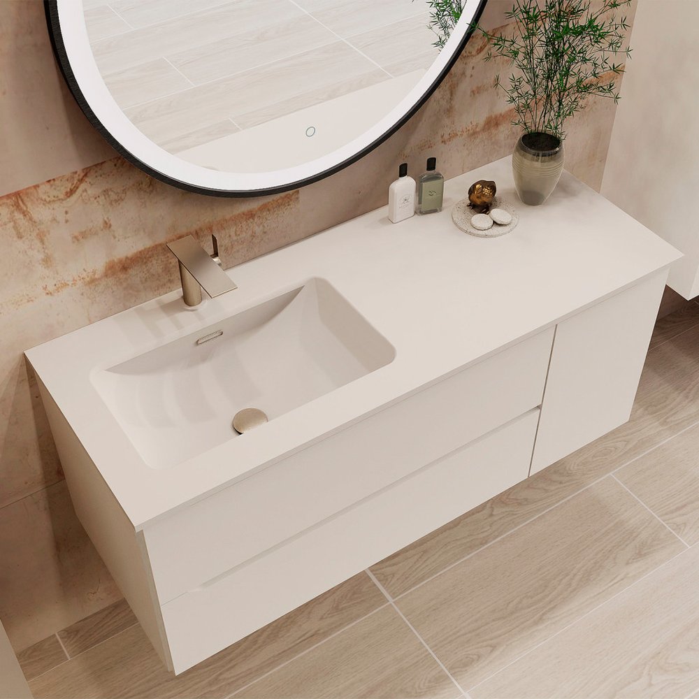 40" White Wood Floating Bathroom Vanity With White Sink And Two Drawers