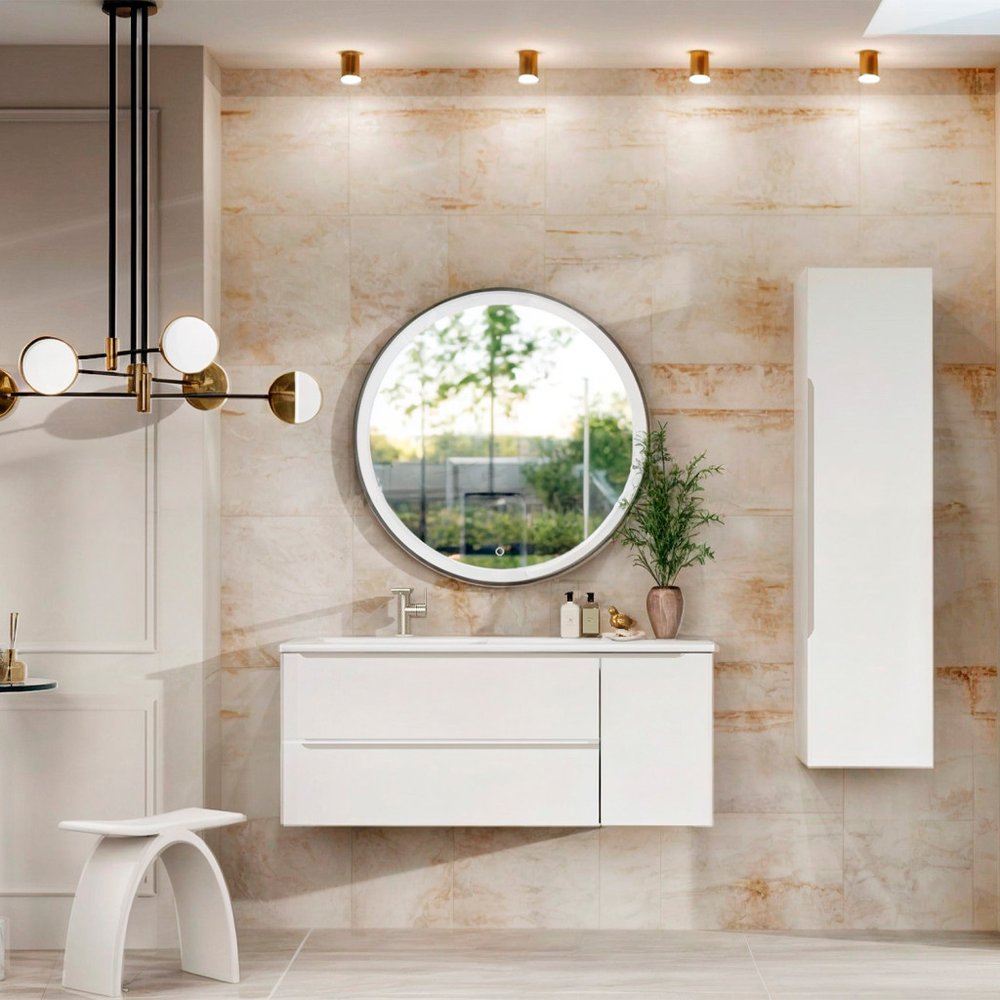 40" White Wood Floating Bathroom Vanity With White Sink And Two Drawers