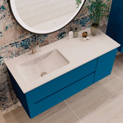 40" Blue Wood Floating Bathroom Vanity With White Sink And Two Drawers