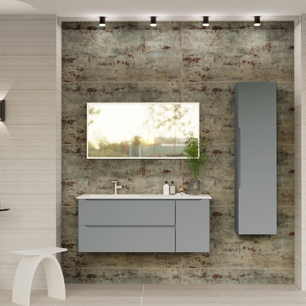 40" Gray Wood Floating Bathroom Vanity With White Sink And Two Drawers