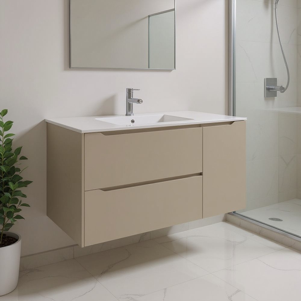 40" Taupe Wood Floating Bathroom Vanity With White Sink And Two Drawers